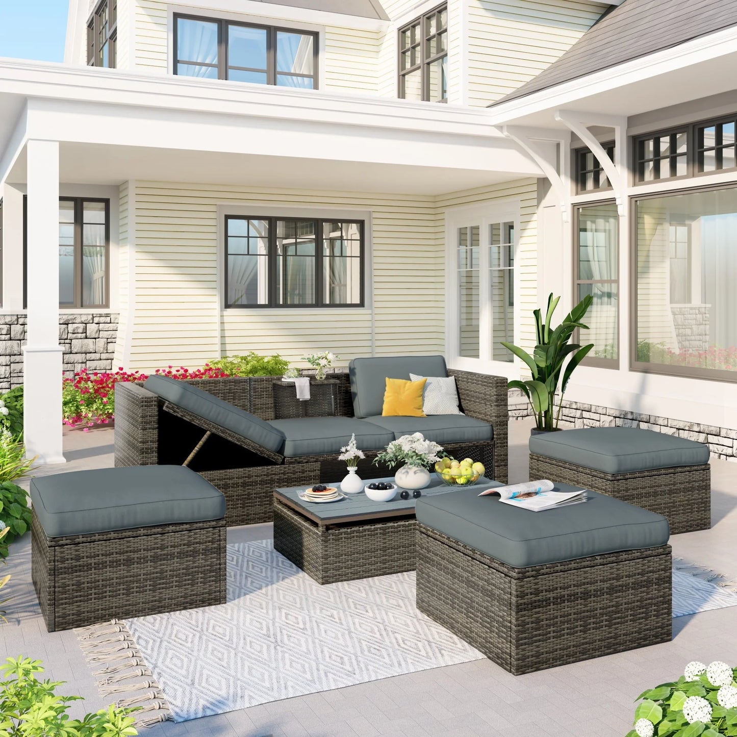 Highsound Patio Furniture Set Sofa 5-Piece Wicker PE Rattan Sectional Sofa Set, Outdoor Furniture Patio Conversation Sofa Set with Glass Coffee Table and Ottoman, Gray