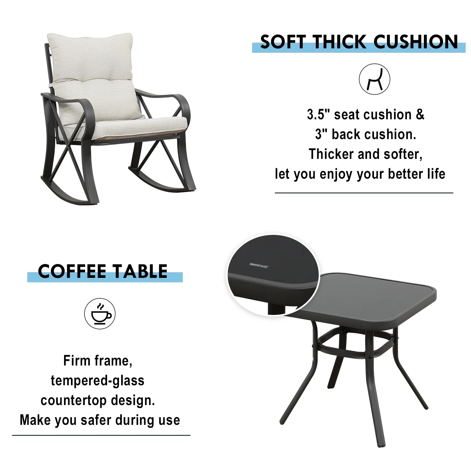 COSIEST 3 Piece Rocking Chair Bistro Set, Patio Outdoor Furniture w Cushions, Glass-Top Table