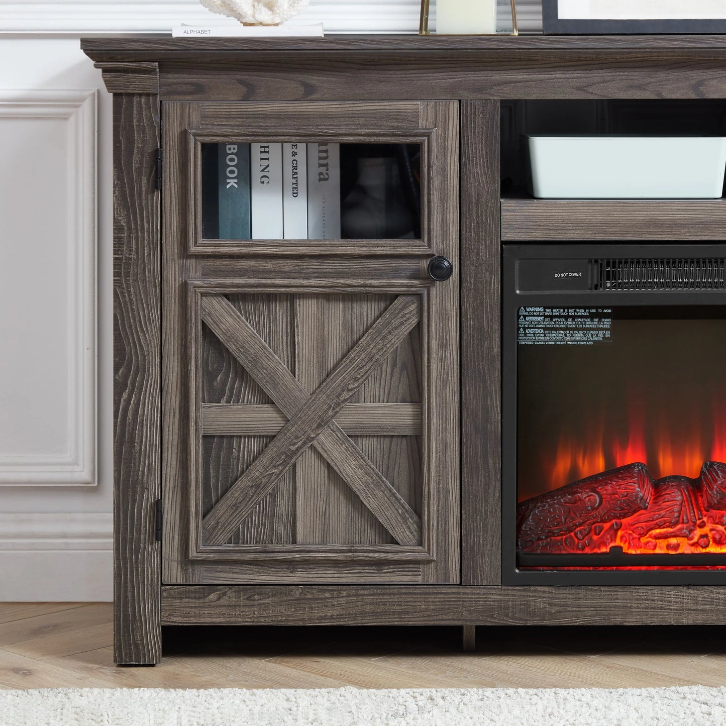 60" Farmhouse Fireplace TV Stand for TVs up to 70 inch, Entertainment Center with 18" Electric Fireplace,Rustic TV with Glass Barn Doors for Living Room, Adjustable Shelf
