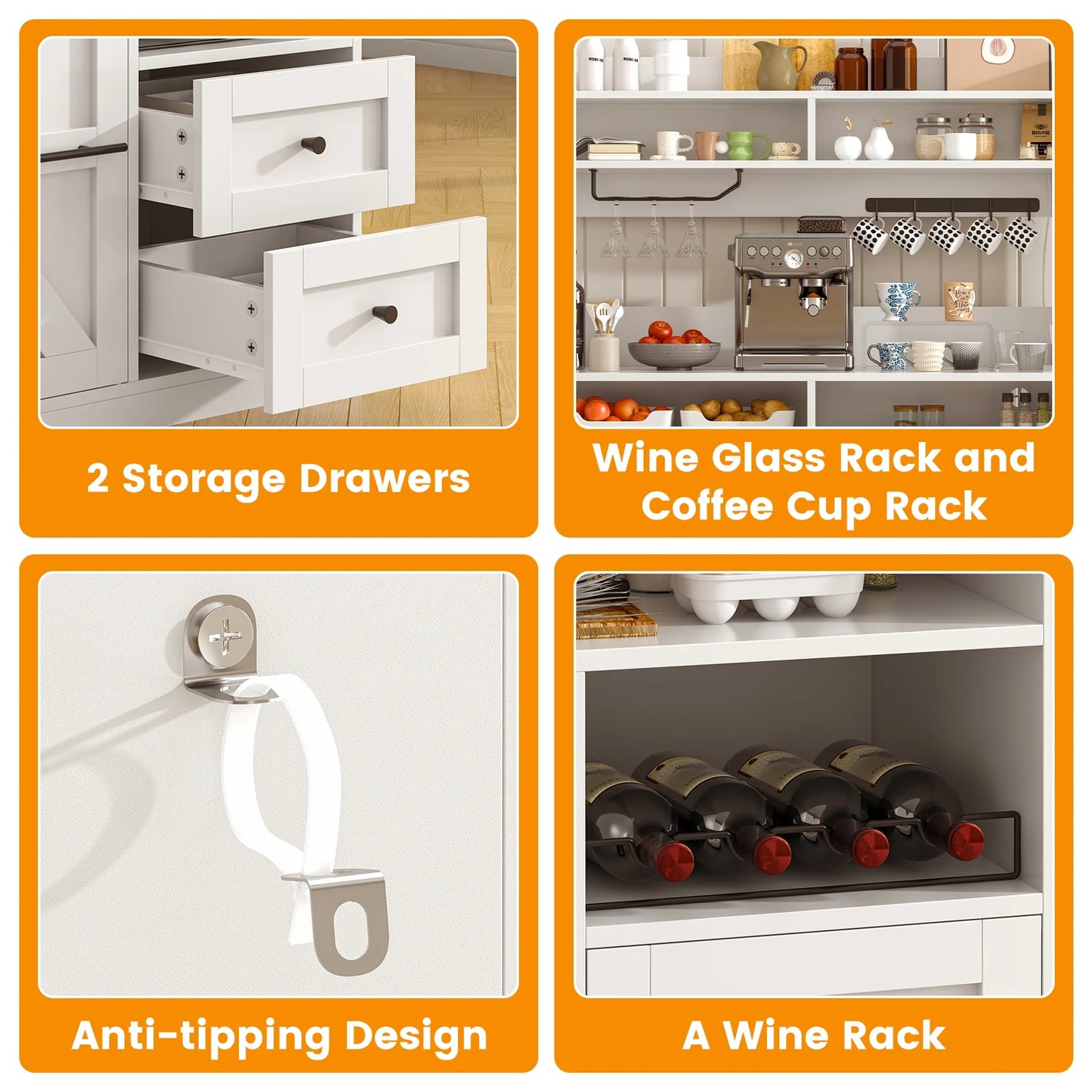Winkalon Farmhouse Coffee Bar with LED Lights, 41.3 inch Coffee Bar Cabinet with Storage, Wine Bar Cabinet with Wine and Glass Rack for Living, Dining Room, White