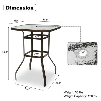 Ktaxon 31 Inch Patio Bar Table, Square Outdoor Bar Height Bistro Table with Tempered Glass Tabletop & Umbrella Hole, Outdoor Cocktail Table for Patio Yard Poolside, Brown
