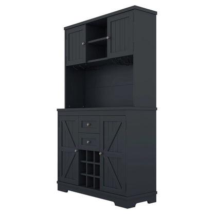 Bellemave 73.8"H Farmhouse Coffee Bar Cabinet with Shelves and Drawers Buffet Cabinet Wine Cabinet with Glass Holder and Wine Rack Tall Kitchen Cabinet for Dining Room, Antique Blue