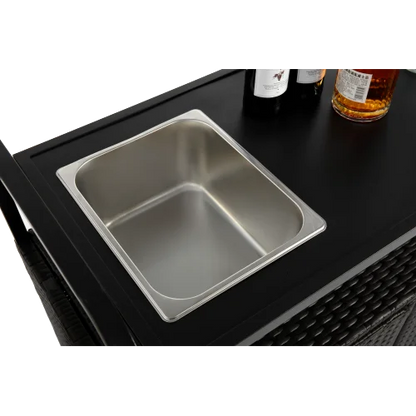 Yiweny Outdoor Rolling Wicker Bar Cart, Large Portable Outdoor Wicker Bar Table with Cabinet Storage and Glass Countertop, Patio Wicker Serving Bar Cart for Pool, Party, Backyard, Black