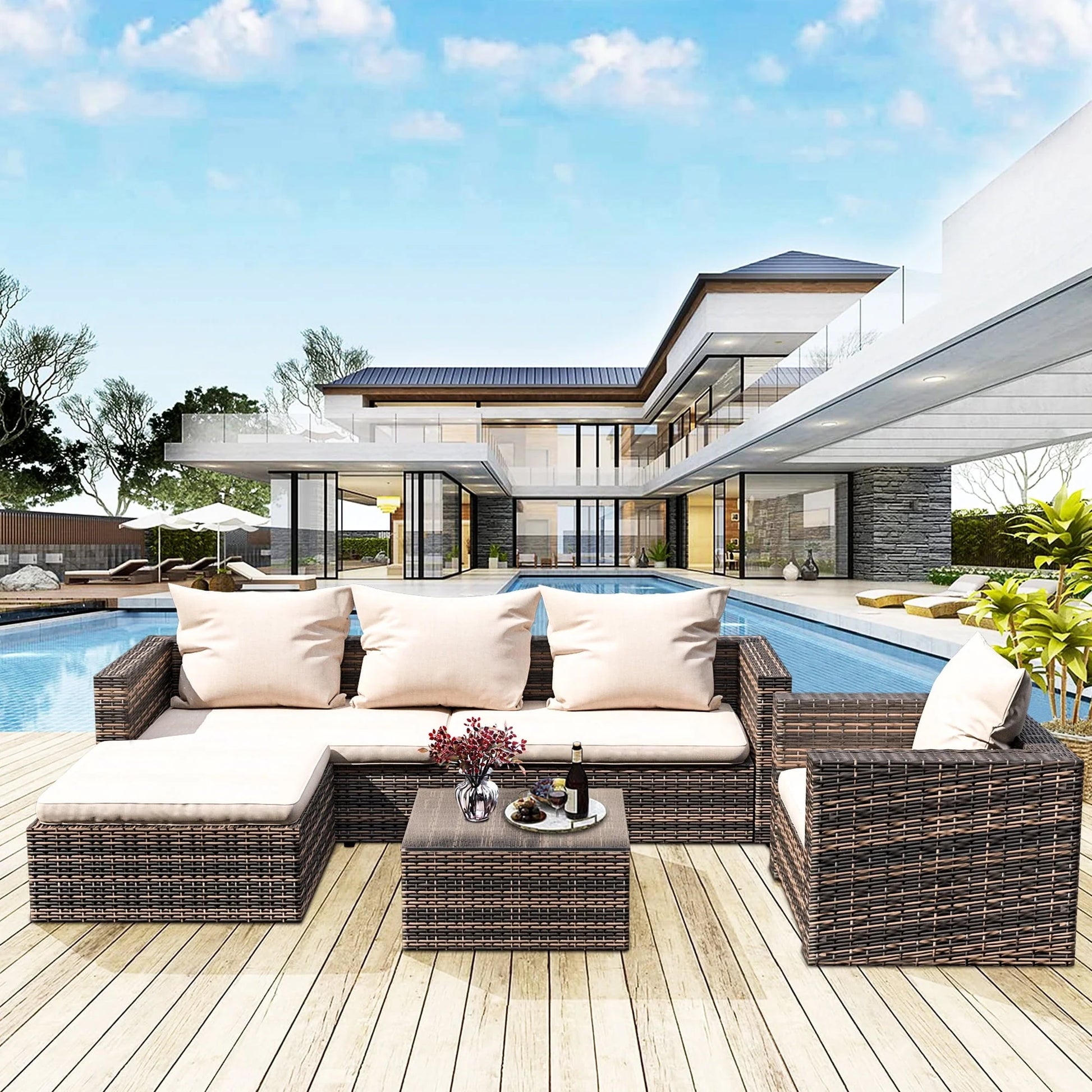 Rattan Patio Sofa Set, 4 Pieces Outdoor Sectional Furniture Set, All-Weather PE Rattan Wicker Patio Conversation Set, Cushioned Sofa Set with Glass Table & Pillows for Patio Garden Poolside Deck, B626