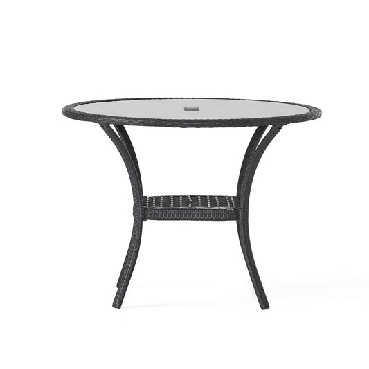 GDF Studio Jeremy Outdoor Wicker Dining Table with Glass Top, Gray and Smoky