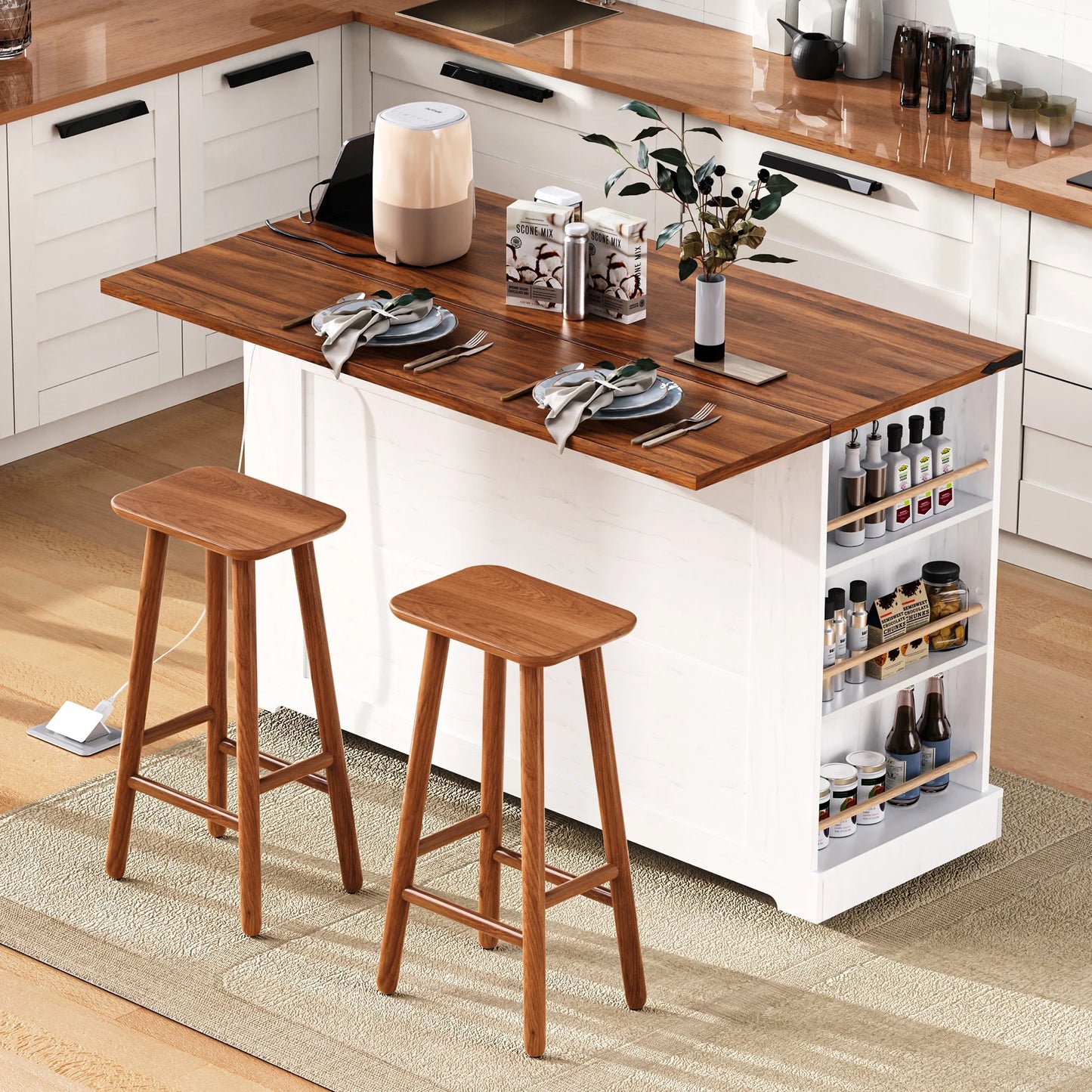 Euroco 53'' Farmhouse Kitchen Island with Two Tempered Glass Cabinet DoorsRolling Kitchen Cart on Wheels