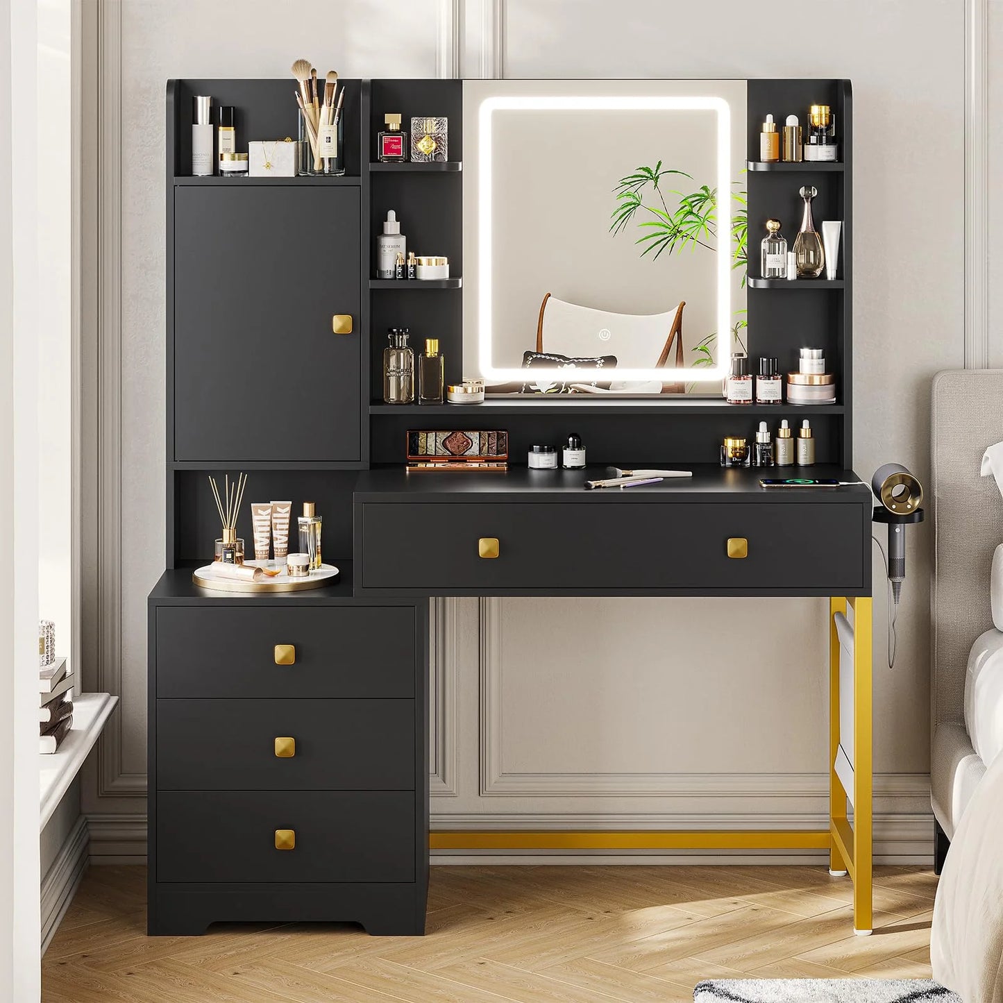 Makeup Vanity Desk with Lighted Mirror & Charging Stations & 6 Drawers Large Vanity Table Bedroom Dressing Table with Glass Tabletop& Side Cabinet& Glass Tabletop, Black
