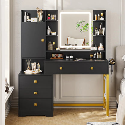 Makeup Vanity Desk with Lighted Mirror & Charging Stations & 6 Drawers Large Vanity Table Bedroom Dressing Table with Glass Tabletop& Side Cabinet& Glass Tabletop, Black