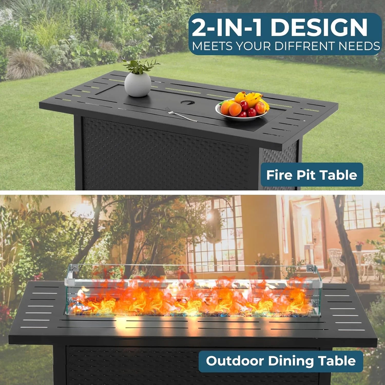 Simenmax 45'' Propane Fire Pit Table, 50,000 BTU Square Outdoor Gas Firepit with Steel Tabletop, Glass Wind Guard, Blue Glass Stone and Waterproof Cover for Garden, Patio, Deck, Yard