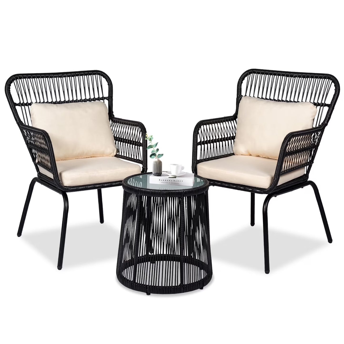 Tappio 3-Piece Patio Conversation Bistro Set Rattan Furniture, Outdoor Patio Set w/Glass Top Table & Cushions for Garden Balcony Backyard Poolside, Yellow/Beige