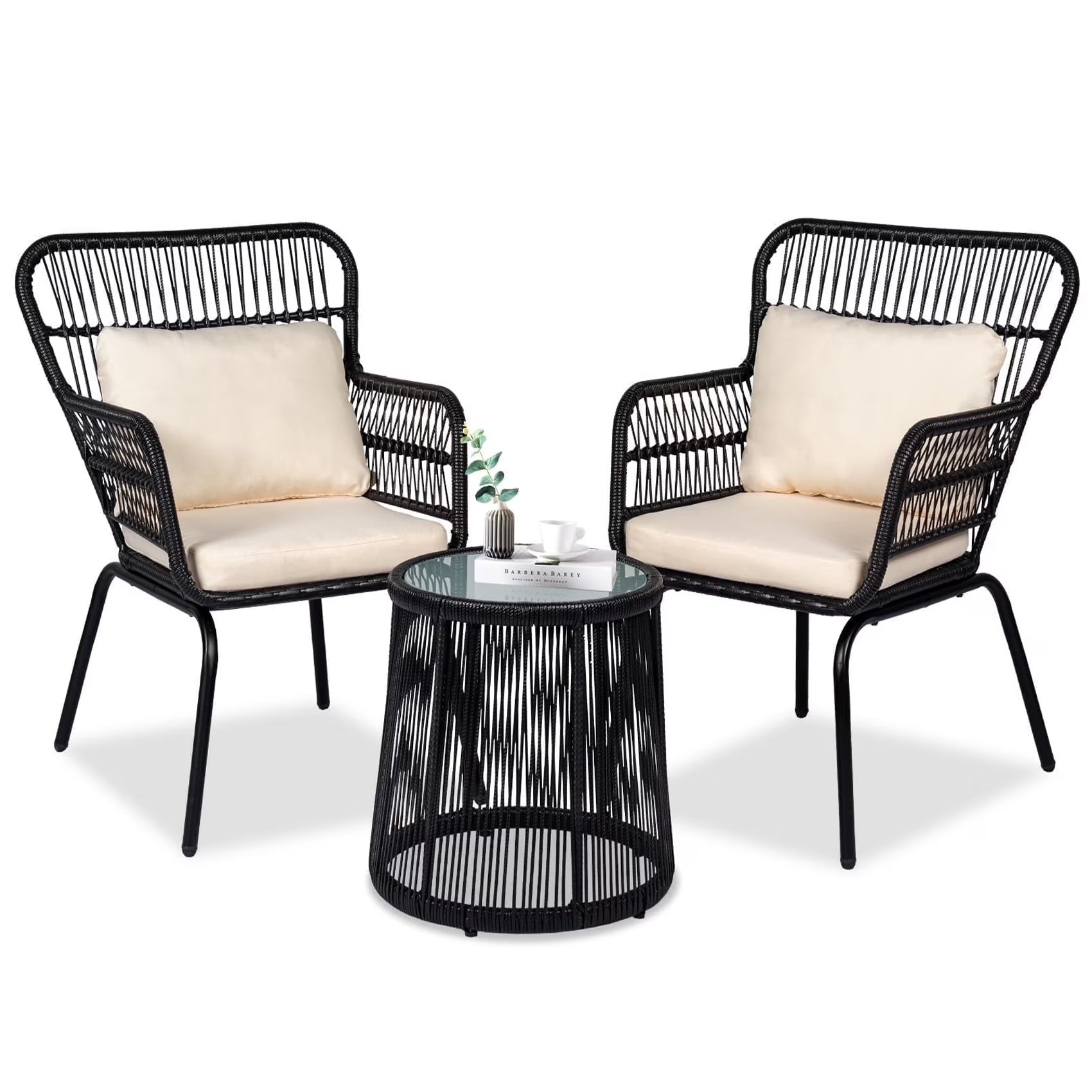 Tappio 3-Piece Patio Conversation Bistro Set Rattan Furniture, Outdoor Patio Set w/Glass Top Table & Cushions for Garden Balcony Backyard Poolside, Yellow/Beige
