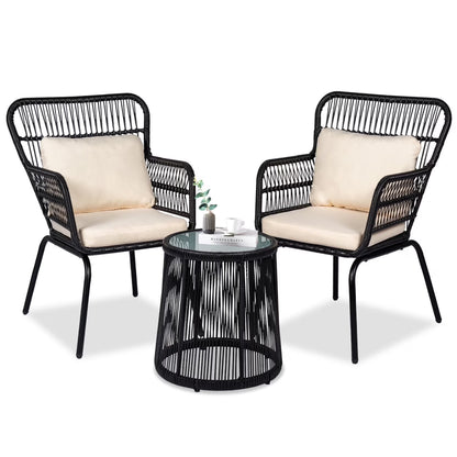 Tappio 3-Piece Patio Conversation Bistro Set Rattan Furniture, Outdoor Patio Set w/Glass Top Table & Cushions for Garden Balcony Backyard Poolside, Yellow/Beige