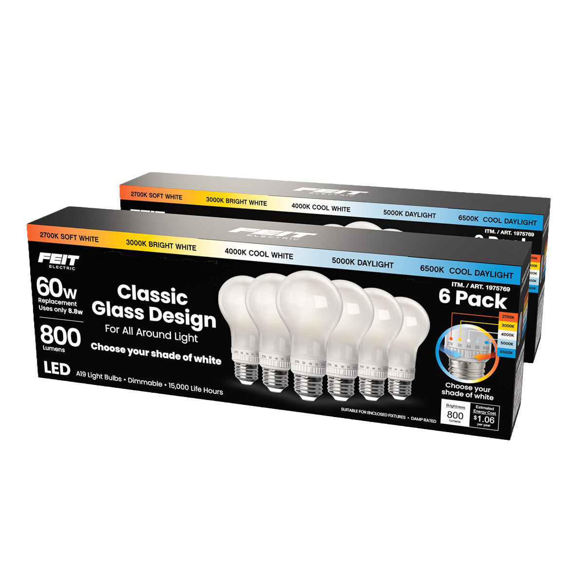 Feit Electric 60W Replacement 5-CCT LED Classic Glass A19 Bulbs, 12-pack