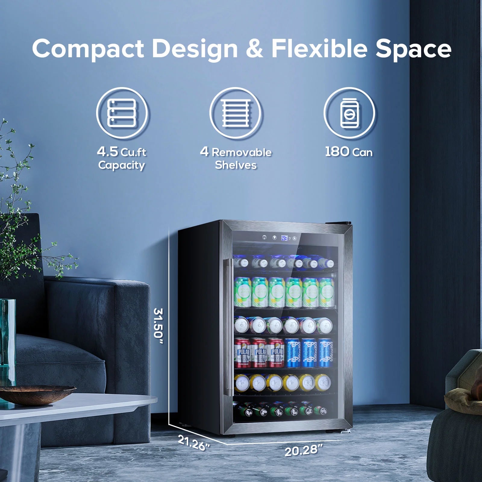 Auseo 180 Can Beverage Refrigerator and Cooler with Stainless steel frame Glass Door & Handle for Home