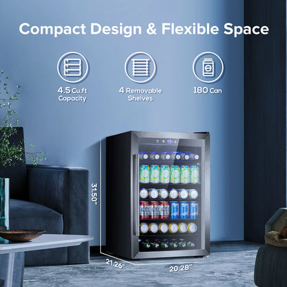 Auseo 180 Can Beverage Refrigerator and Cooler with Stainless steel frame Glass Door & Handle for Home