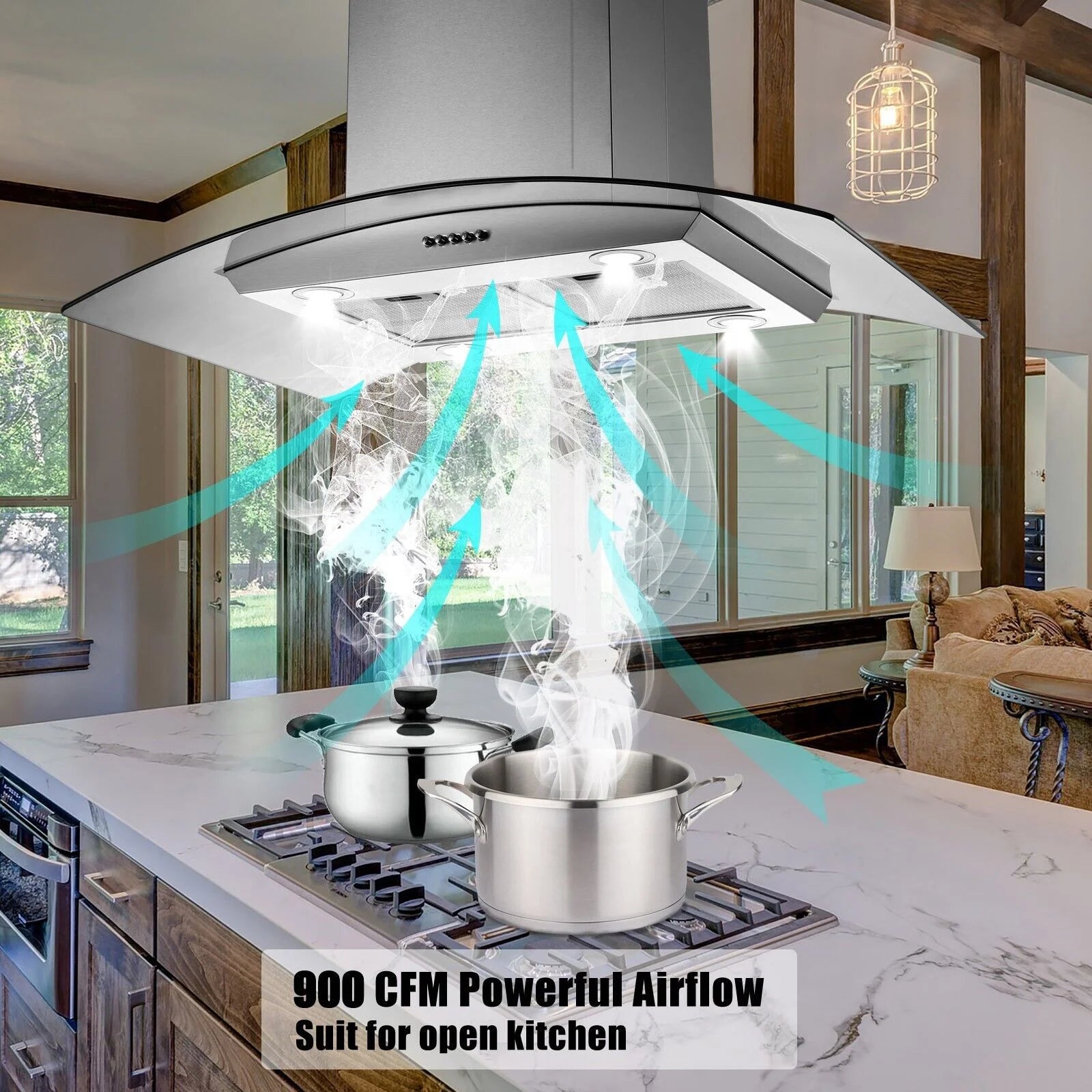 30 inch Island Mount Range Hood 900CFM Tempered Glass 3-Speed Vent Hood Stainless Steel Dishwasher