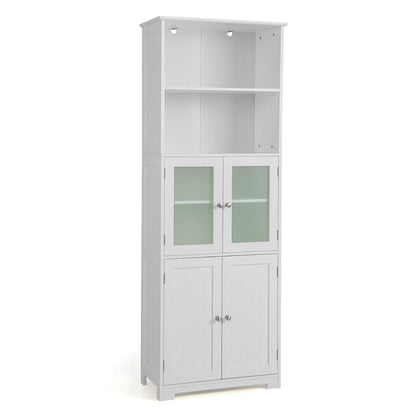 Gymax Bathroom Tall Storage Cabinet Linen Tower w/Glass Door & Adjustable Shelf Grey