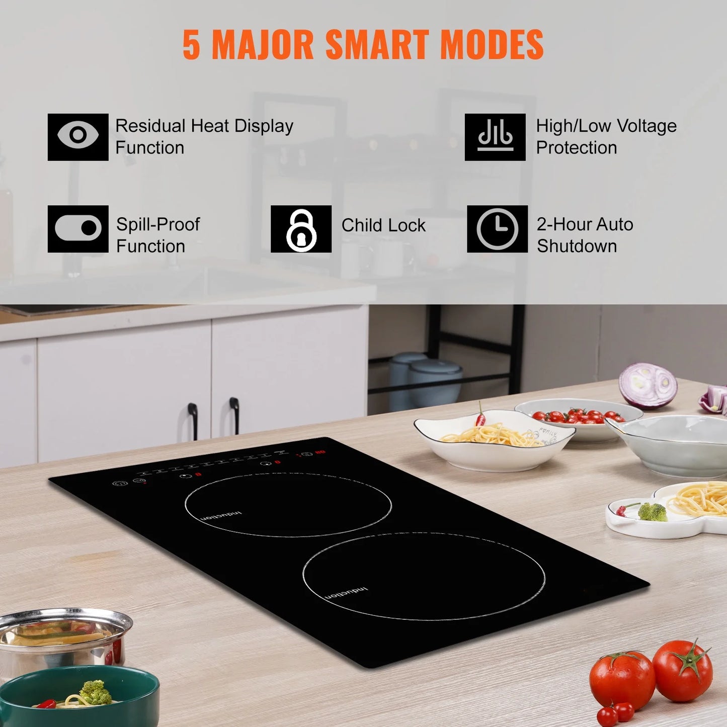 KFFKFF 12" Electric Cooktop, 1800W 2 Burners Ceramic Glass Stove Top Touch Control Built-in Magnetic Cooktop w/9 Heating Level Child Lock & Over-Temperature Protection