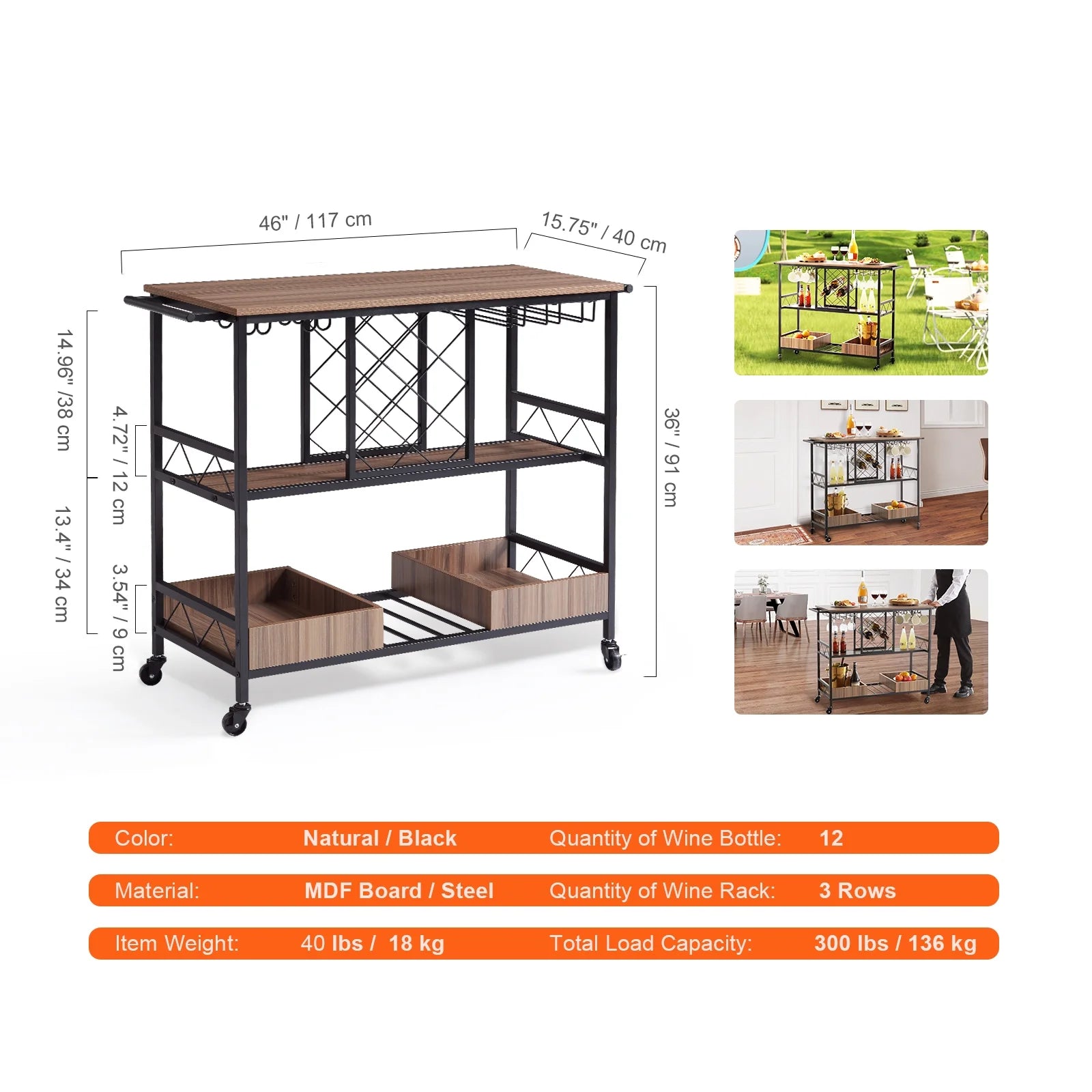 KFFKFF with Wine Grid Glass Holder 300lbs 3-Tier Bar Serving Cart Rolling Trolley