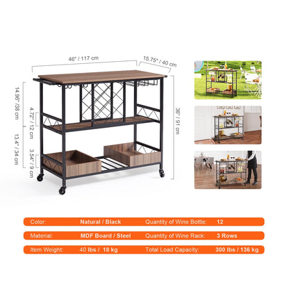 KFFKFF with Wine Grid Glass Holder 300lbs 3-Tier Bar Serving Cart Rolling Trolley