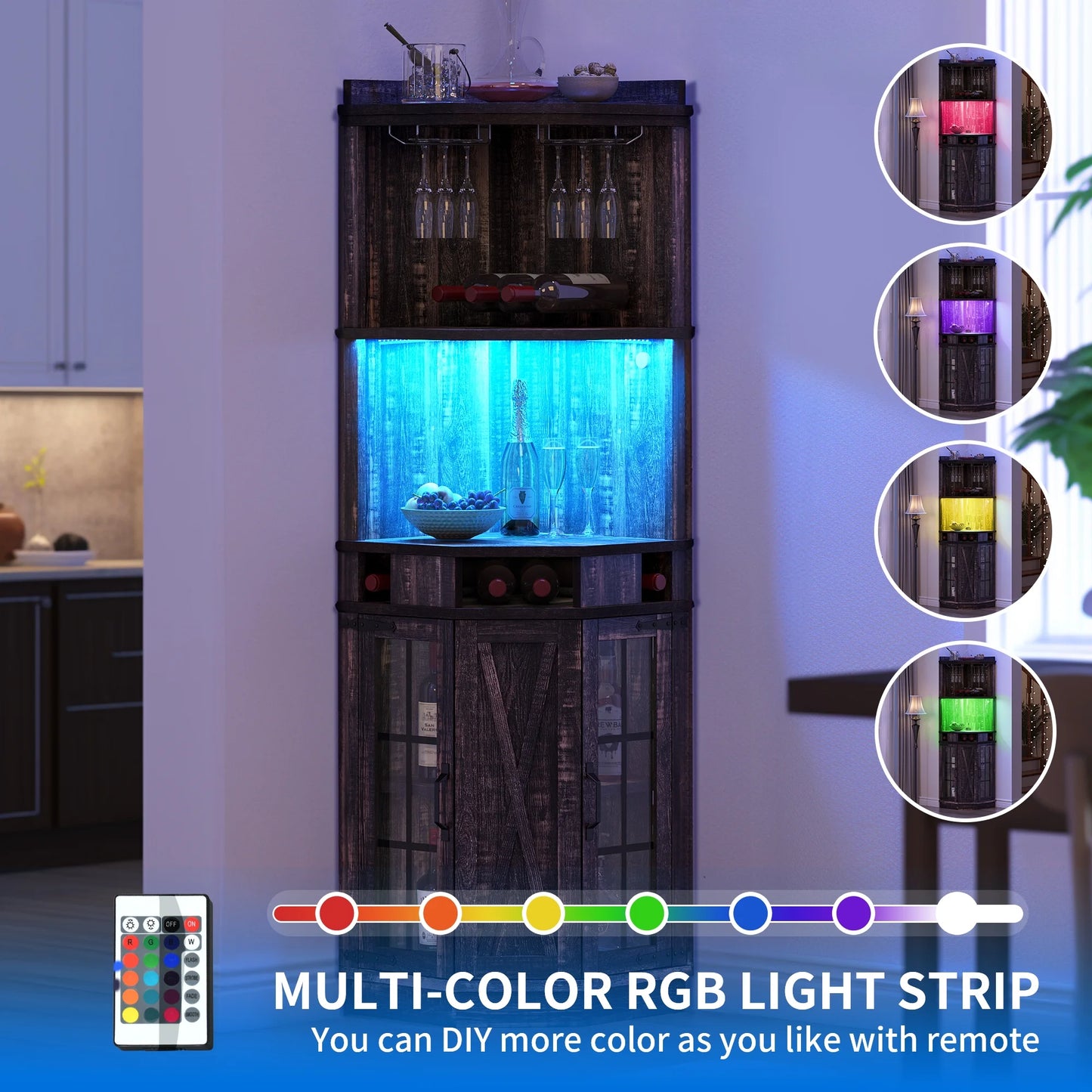 DEXTRUS 72" Corner Bar Unit, 3 Tier Freestanding Wine Bar Cabinet with LED Lights & Glass Holder & Adjustable Shelf, Black Oak