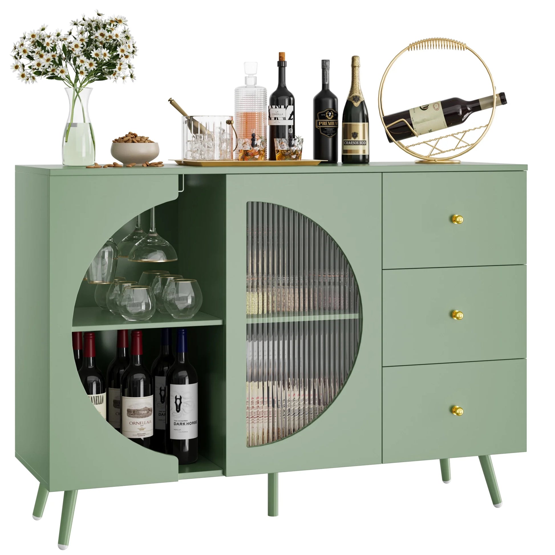 Homfa Coffee Bar Cabinet with 3 Drawers & Glass Door, Modern Buffet Sideboard Bar Table for Dining Room, Green