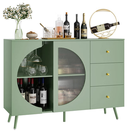 Homfa Coffee Bar Cabinet with 3 Drawers & Glass Door, Modern Buffet Sideboard Bar Table for Dining Room, Green