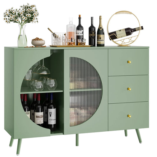 Homfa Coffee Bar Cabinet with 3 Drawers & Glass Door, Modern Buffet Sideboard Bar Table for Dining Room, Green