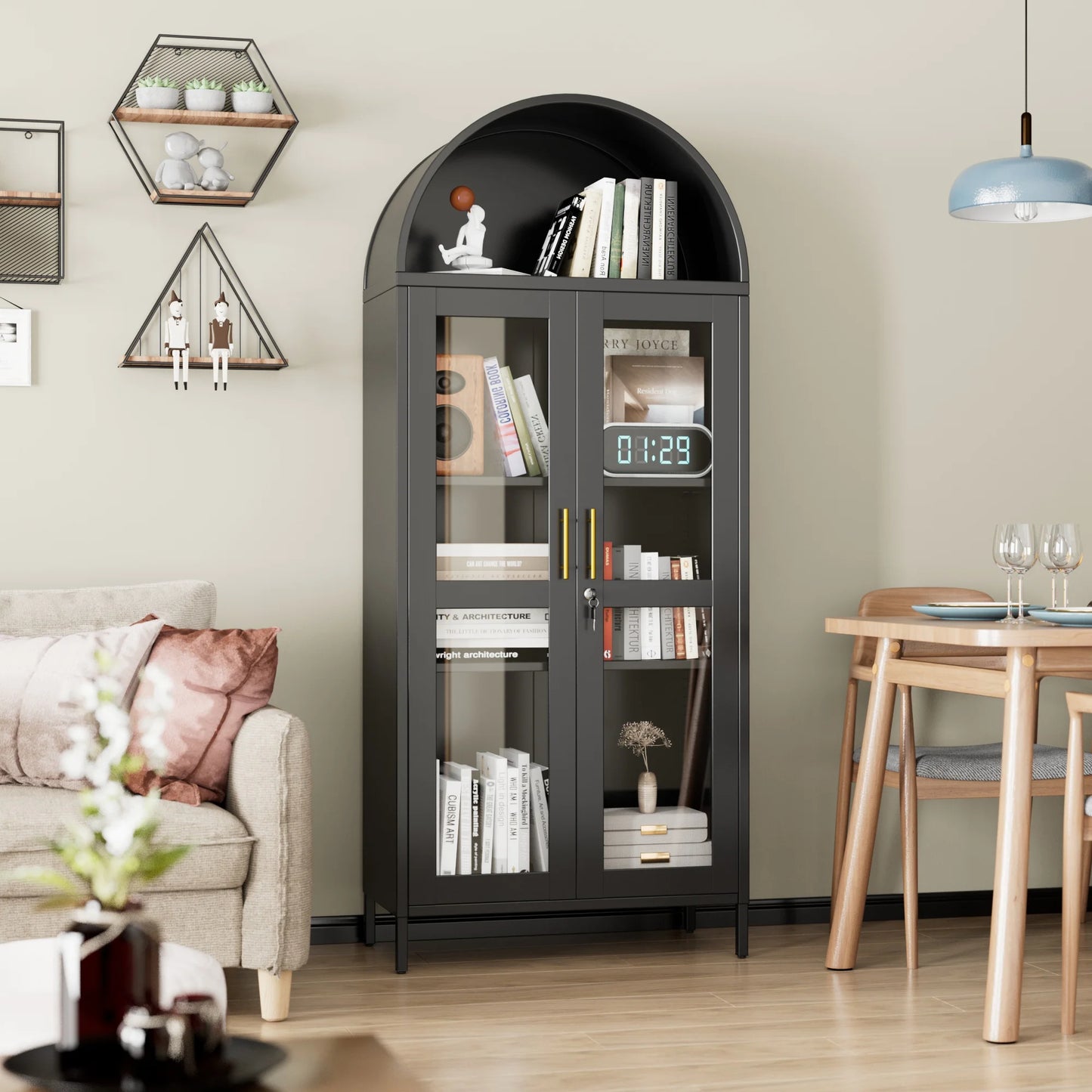 SUPEER Metal Arched Storage Display Cabinet with Glass Doors and Adjustable Shelves, Lockable Cabinet, Assembly Required, Black