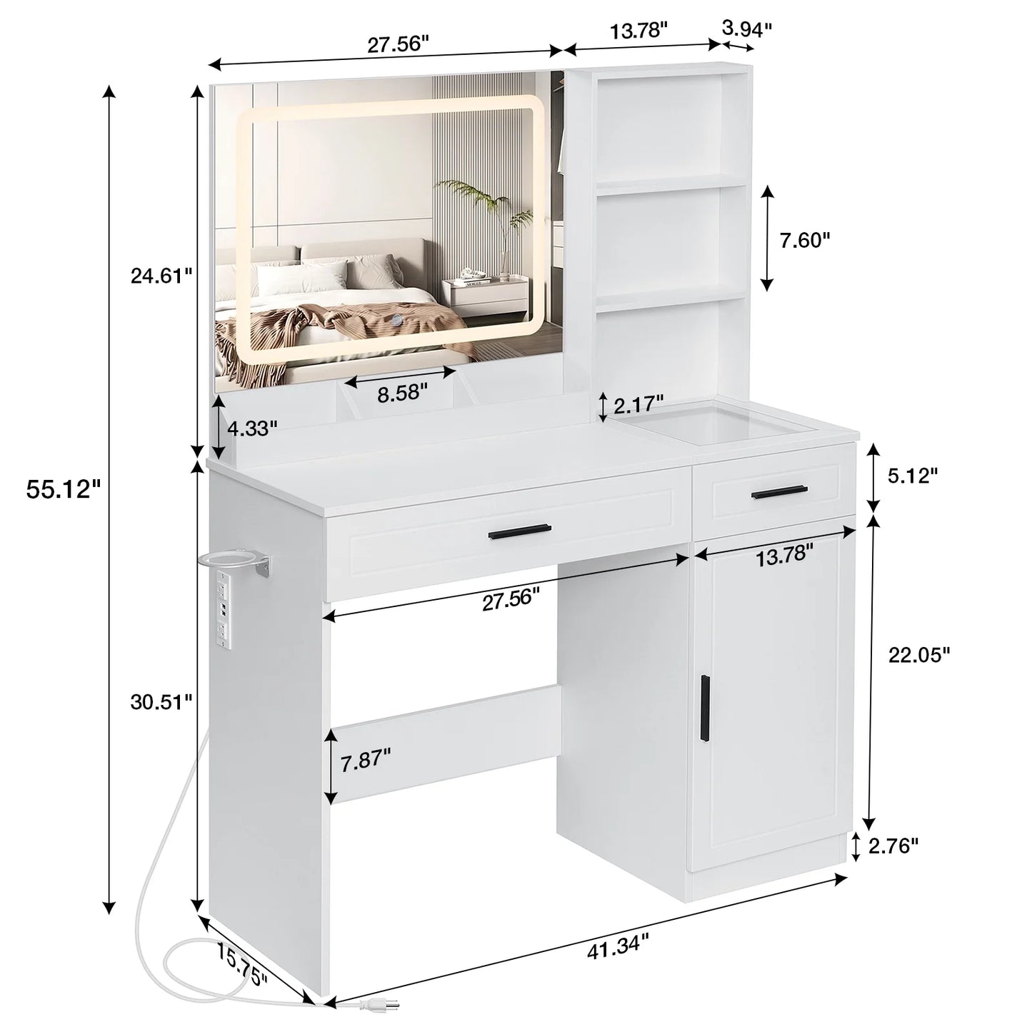 Hommpa Vanity Desk, Makeup Vanity with LED Lighted Mirror Vanity with Glass Top Drawers Vanity Table with Charging Station for Girls Bedroom Large Storage Cabinet Shelves, White