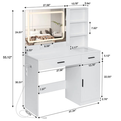 Hommpa Vanity Desk, Makeup Vanity with LED Lighted Mirror Vanity with Glass Top Drawers Vanity Table with Charging Station for Girls Bedroom Large Storage Cabinet Shelves, White