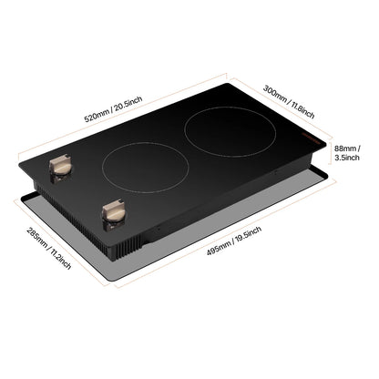 KFFKFF 12 Inch Induction Stove, 1800W 2 Burner Electric Cooktop Built-in Stove top with Knob-Controlled, 12 Heat Levels, Glass Top, Automatic Power-Off