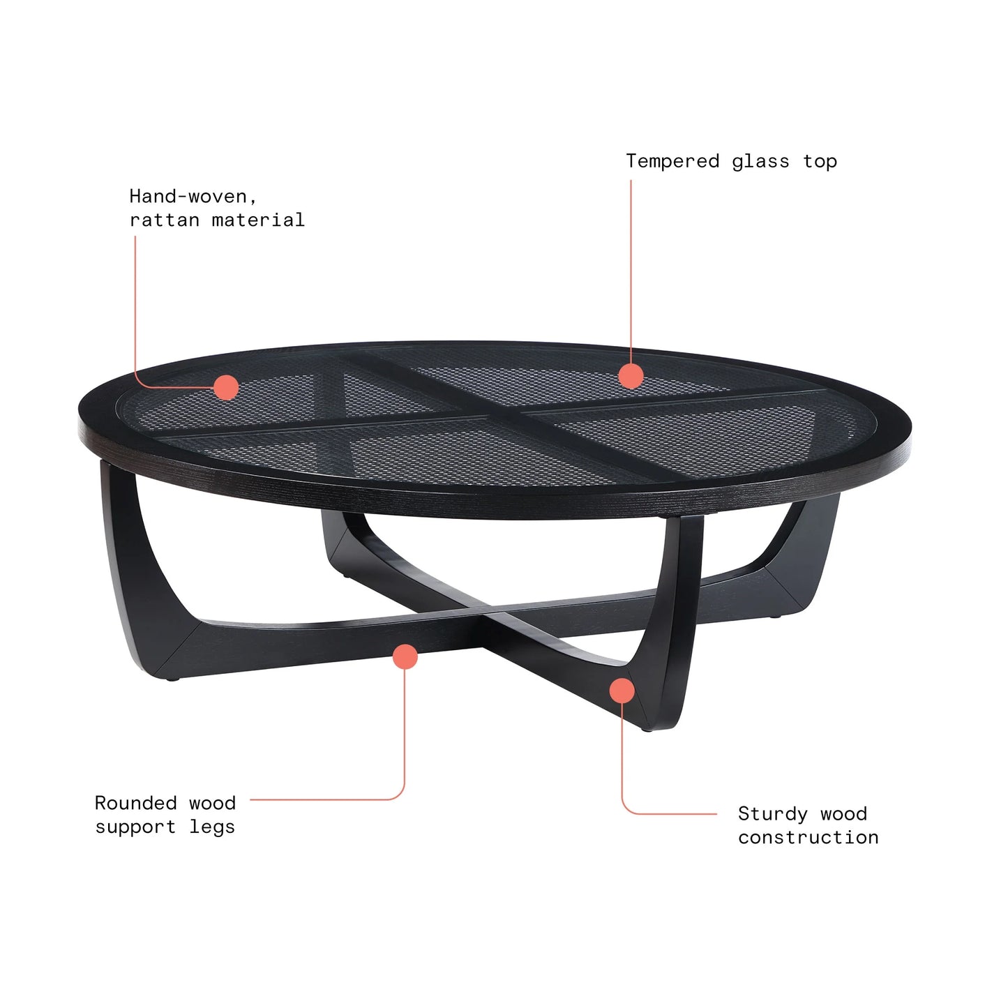 Beautiful by Drew Barrymore Round Rattan and Glass Top Coffee Table, Black