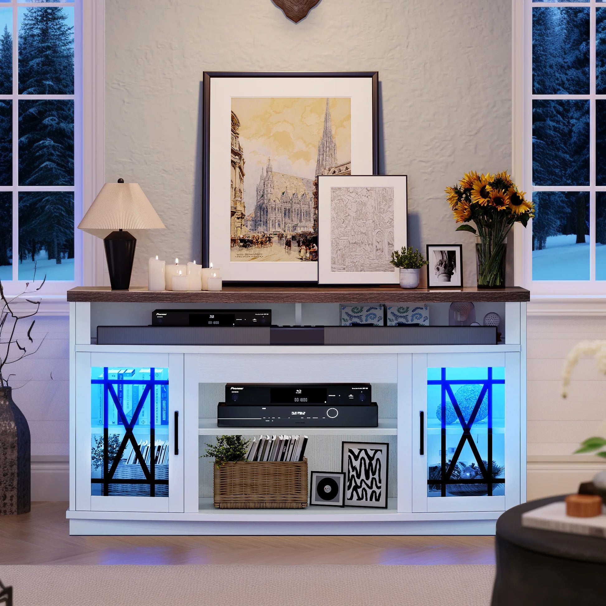 Dextrus TV Stand with LED Lights for TVs up to 70", Entertainment Center Media Console Cabinet with Glass Door, Rustic Gray