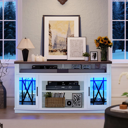 Dextrus TV Stand with LED Lights for TVs up to 70", Entertainment Center Media Console Cabinet with Glass Door, Rustic Gray