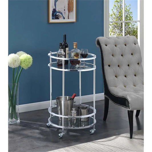 Pemberly Row Bar Cart With Wheels in Clear Glass and Chrome Metal Frame