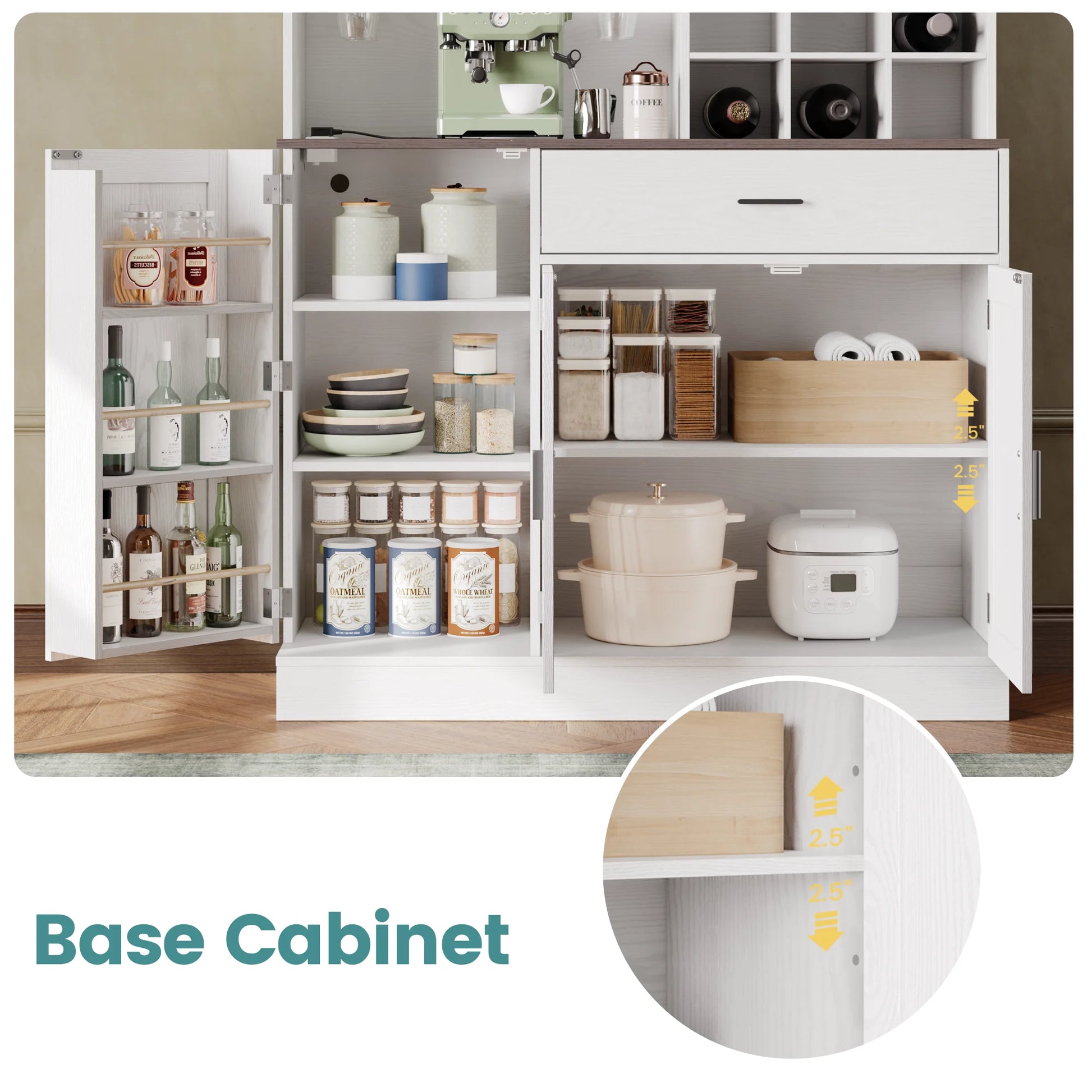 ANCTOR Kitchen Pantry Storage Cabinet with Glass Door, Kitchen Hutch Buffet Cabinet with Drawer, Power Outlet, Wine Rack