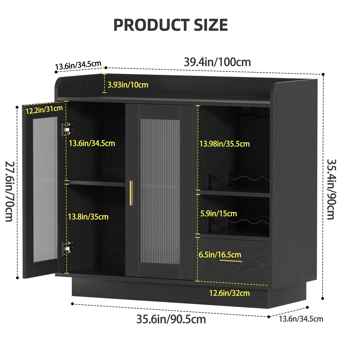 SNYNUXX Wine Bar Cabinet with LED Lights, Floating Coffee Bar Cabinet with Wine and Glass Rack, Kitchen Buffet Sideboard with Glass Doors and Drawers for Dining Room, Black