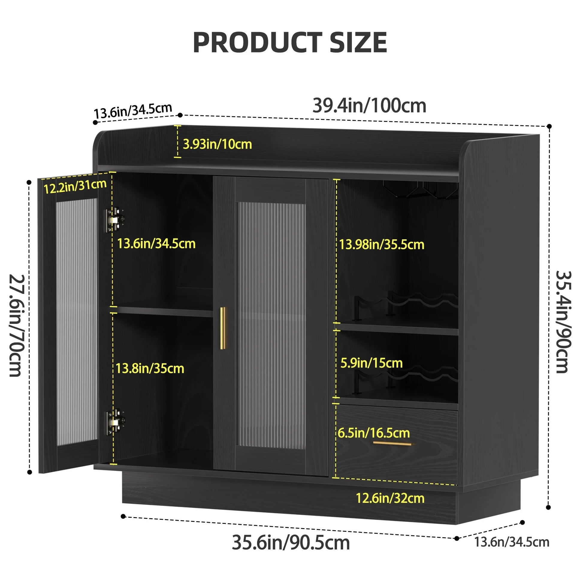 SNYNUXX Wine Bar Cabinet with LED Lights, Floating Coffee Bar Cabinet with Wine and Glass Rack, Kitchen Buffet Sideboard with Glass Doors and Drawers for Dining Room, Black