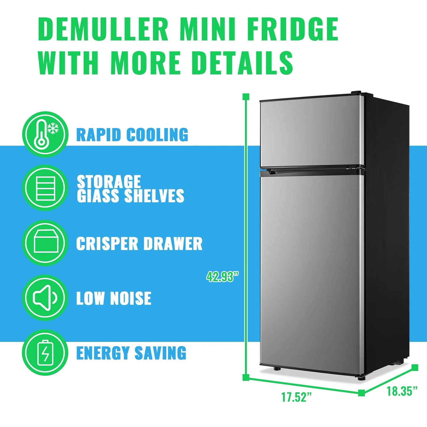 DEMULLER 4.5 Cu.ft Small Refrigerator Mini Fridge with Double Door 3 Removable Glass Shelves Black