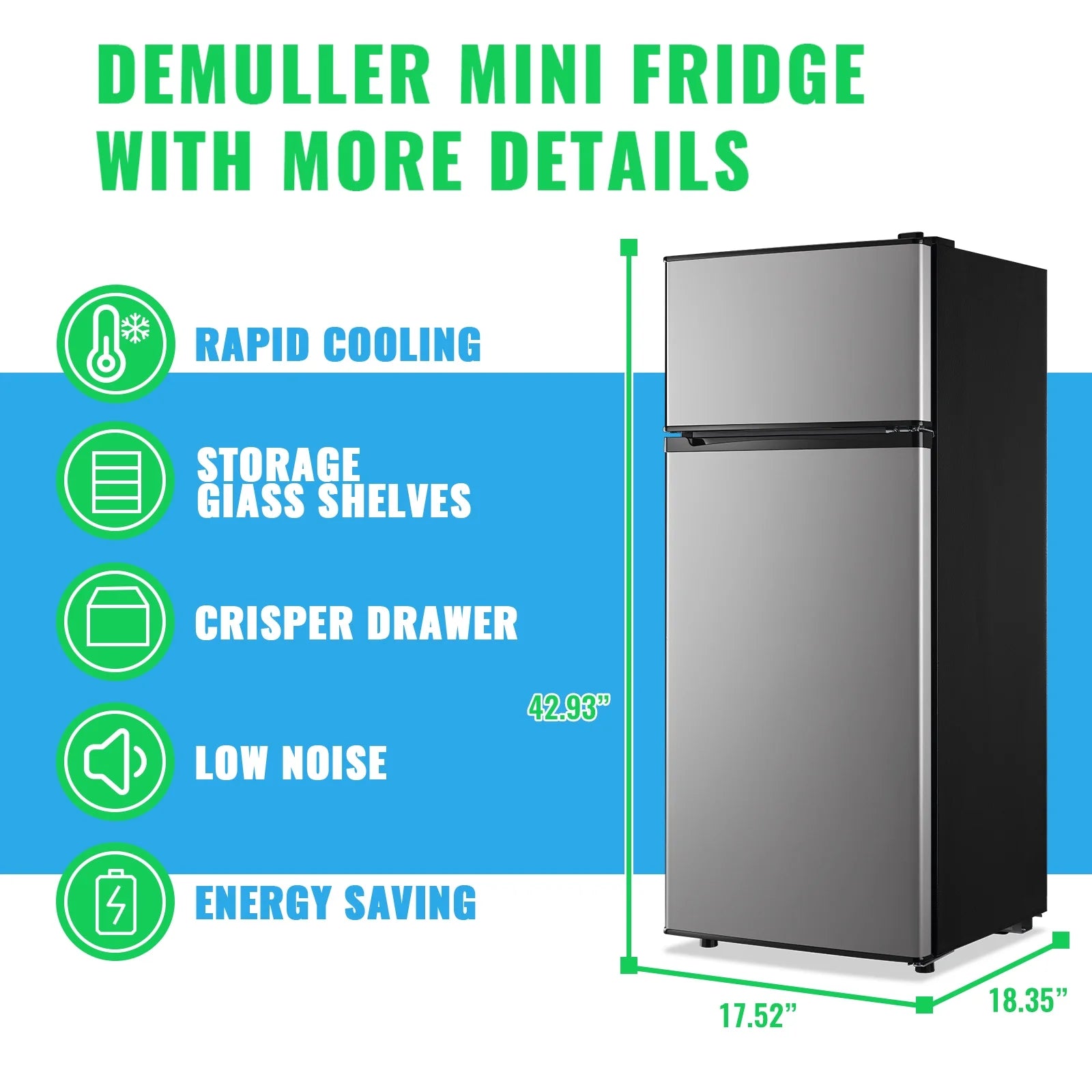 DEMULLER 4.5 Cu.ft Small Refrigerator Mini Fridge with Double Door 3 Removable Glass Shelves Black