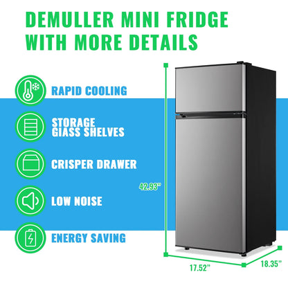 DEMULLER 4.5 Cu.ft Small Refrigerator Mini Fridge with Double Door 3 Removable Glass Shelves Black