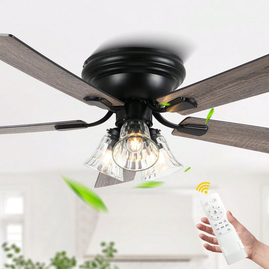 Cusp Barn 52 Inch Traditional Indoor Ceiling Fan with Remote Control, Vintage Clear Glass Shade Chandelier, Low Profile Flush Mount Reversible Ceiling Fan for Bedroom