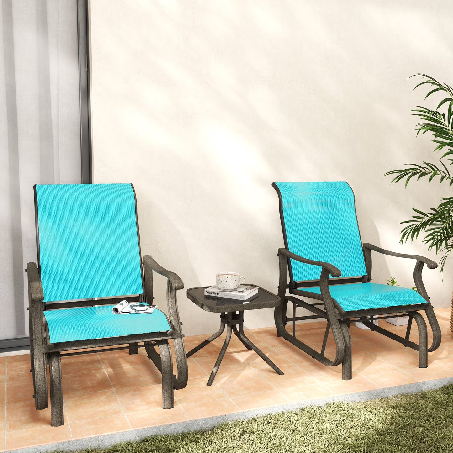 Outsunny 3-Piece Outdoor Gliders Set Bistro Set with Steel Frame, Tempered Glass Top Table for Patio, Garden, Backyard, Lawn, Beige