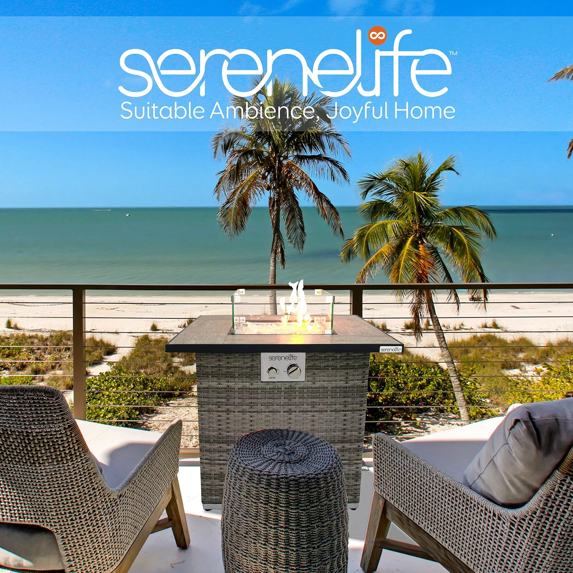 SereneLife Propane Fire Pit Table, 50000 BTU CSA/ETL Certified Safe Gas Table with Sturdy Wicker Base, Stainless Steel Burner, Glass Wind Guard & Cover, Outdoor Fireplaces for Parties