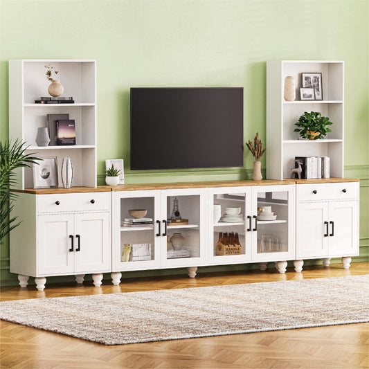 Furvclv Entertainment Center With Bookshelves For TVs Up To 70", Modern Wall Unit TV Stand Cabinets With Adjustable Shelves And Tempered Glass Door, Gourd-shaped Legs Supports