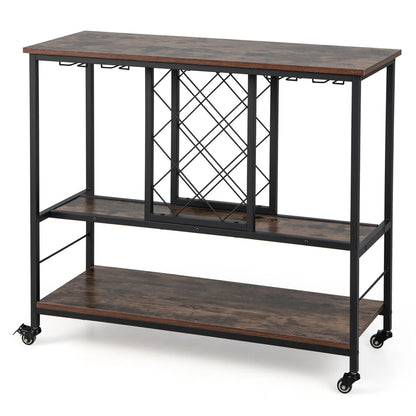 Gymax Industrial Liquor Bar Cart Rolling Kitchen Serving Cart w/Wine Rack Glass Holder