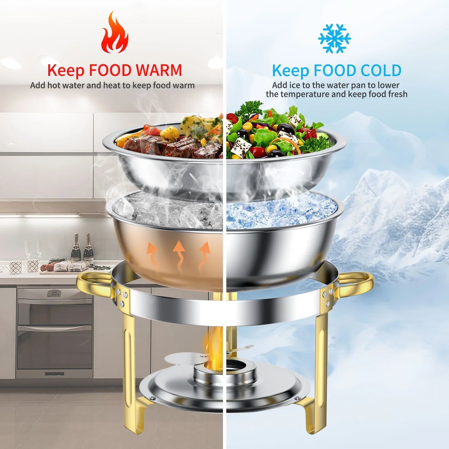 Chafing Dish Buffet Set 4 Pack: TINANA 5QT Stainless Steel Chafing Dishes with Glass Lid & Lid Holder, Round Food Warmers for Parties, Events, Wedding-Gold