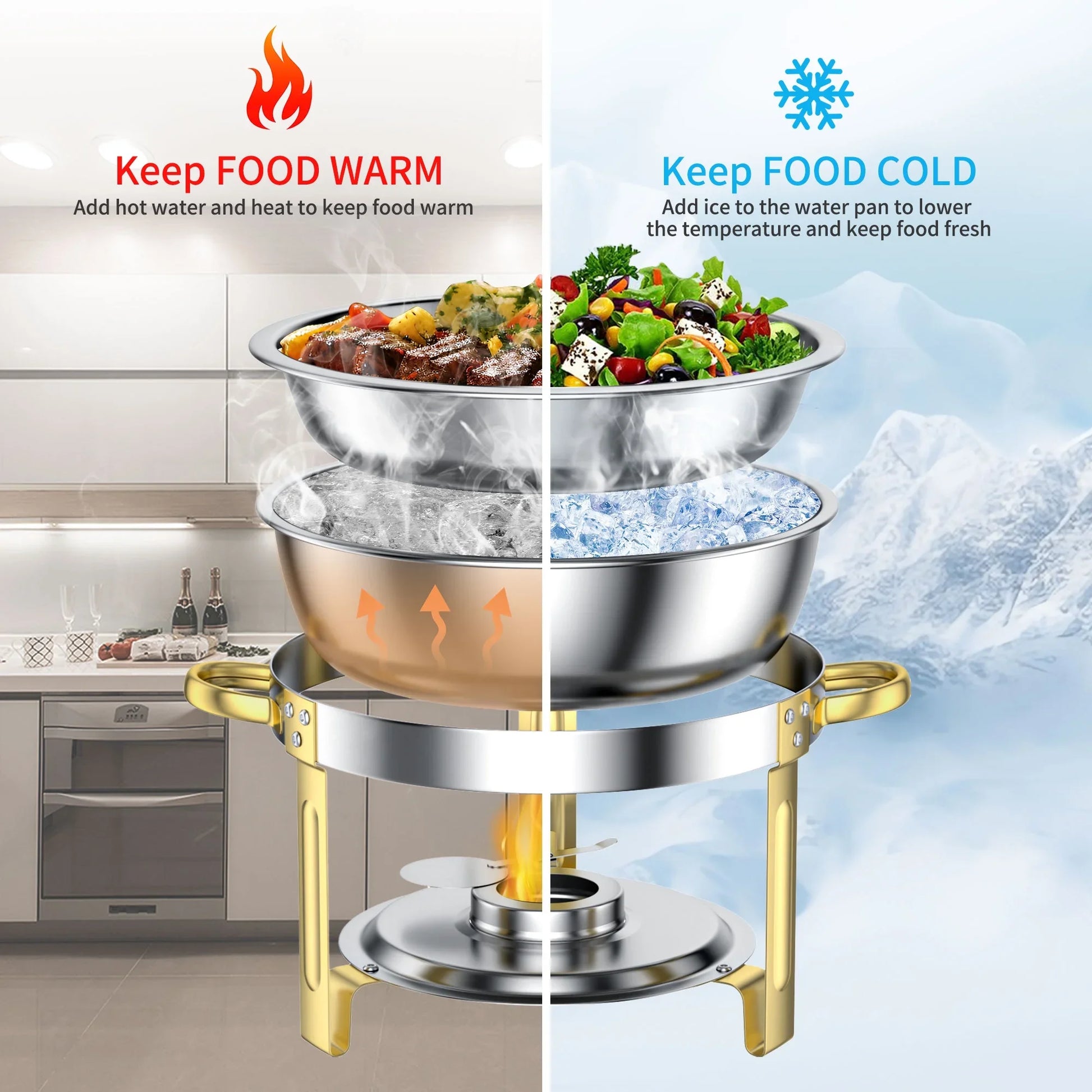 Chafing Dish Buffet Set 4 Pack: TINANA 5QT Stainless Steel Chafing Dishes with Glass Lid & Lid Holder, Round Food Warmers for Parties, Events, Wedding-Gold