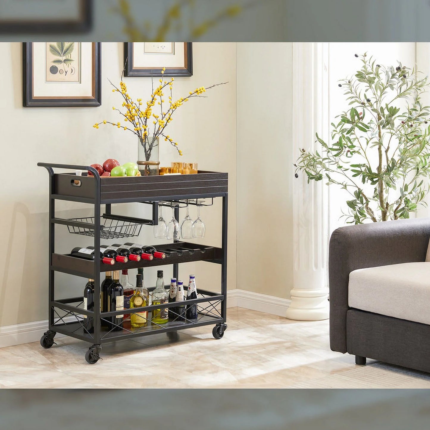 Utopia Alley KF03BZ 3 Tier Kitchen Island Cart on Lockable Wheels with Wine Rack, Glass Holder & Handle for Home